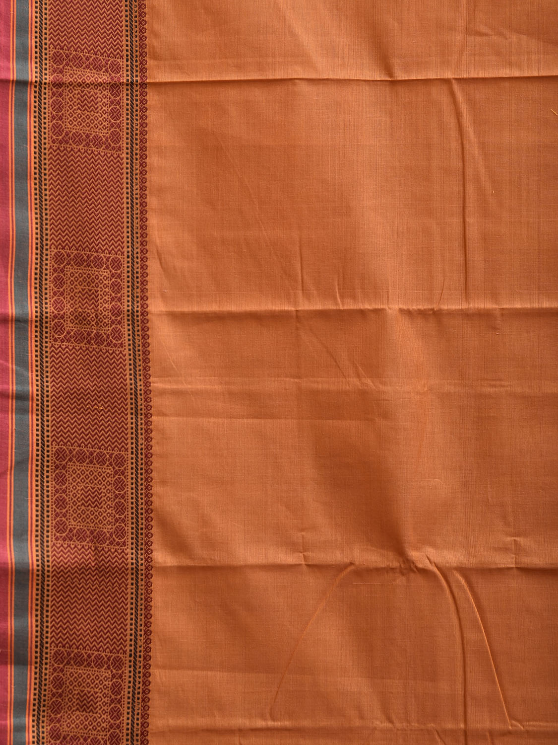Light Orange Kanchipuram Cotton Plain Saree with Strips Pallu and Border Design k0884