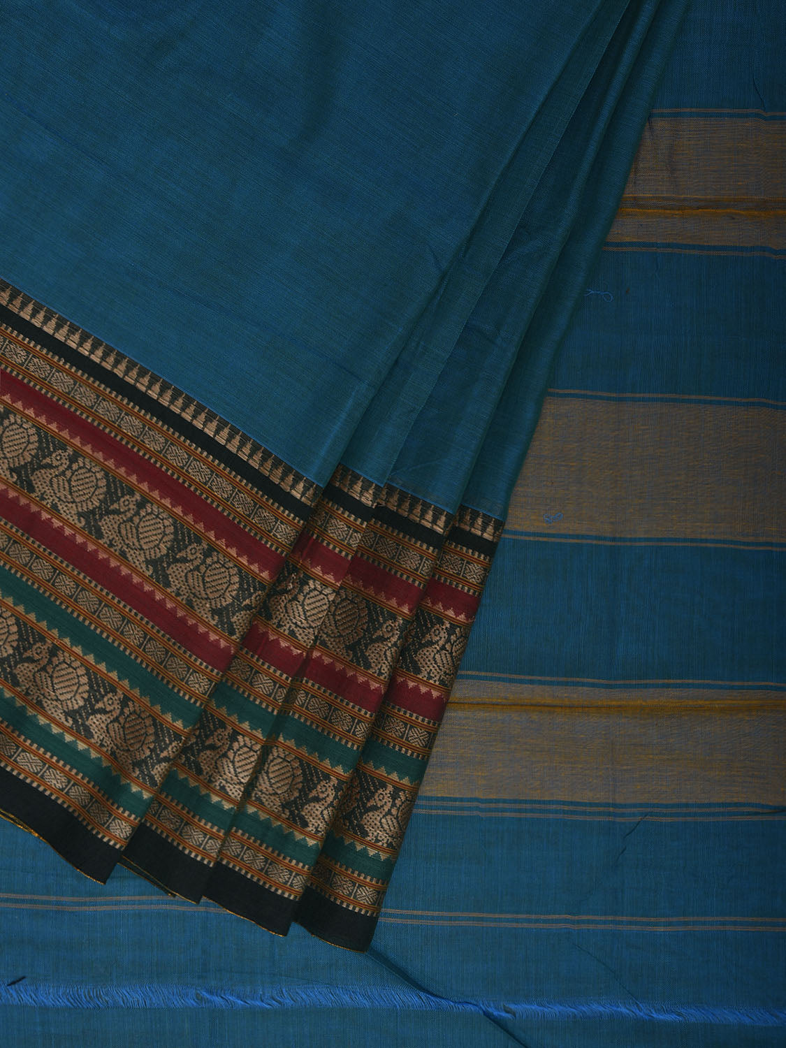 Blue Kanchipuram Cotton Plain Saree with Strips Pallu and Big Border Design No Blouse k0885