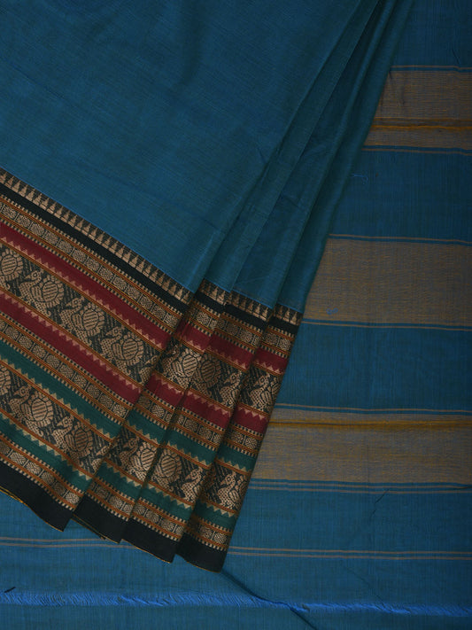 Blue Kanchipuram Cotton Plain Saree with Strips Pallu and Big Border Design No Blouse k0885