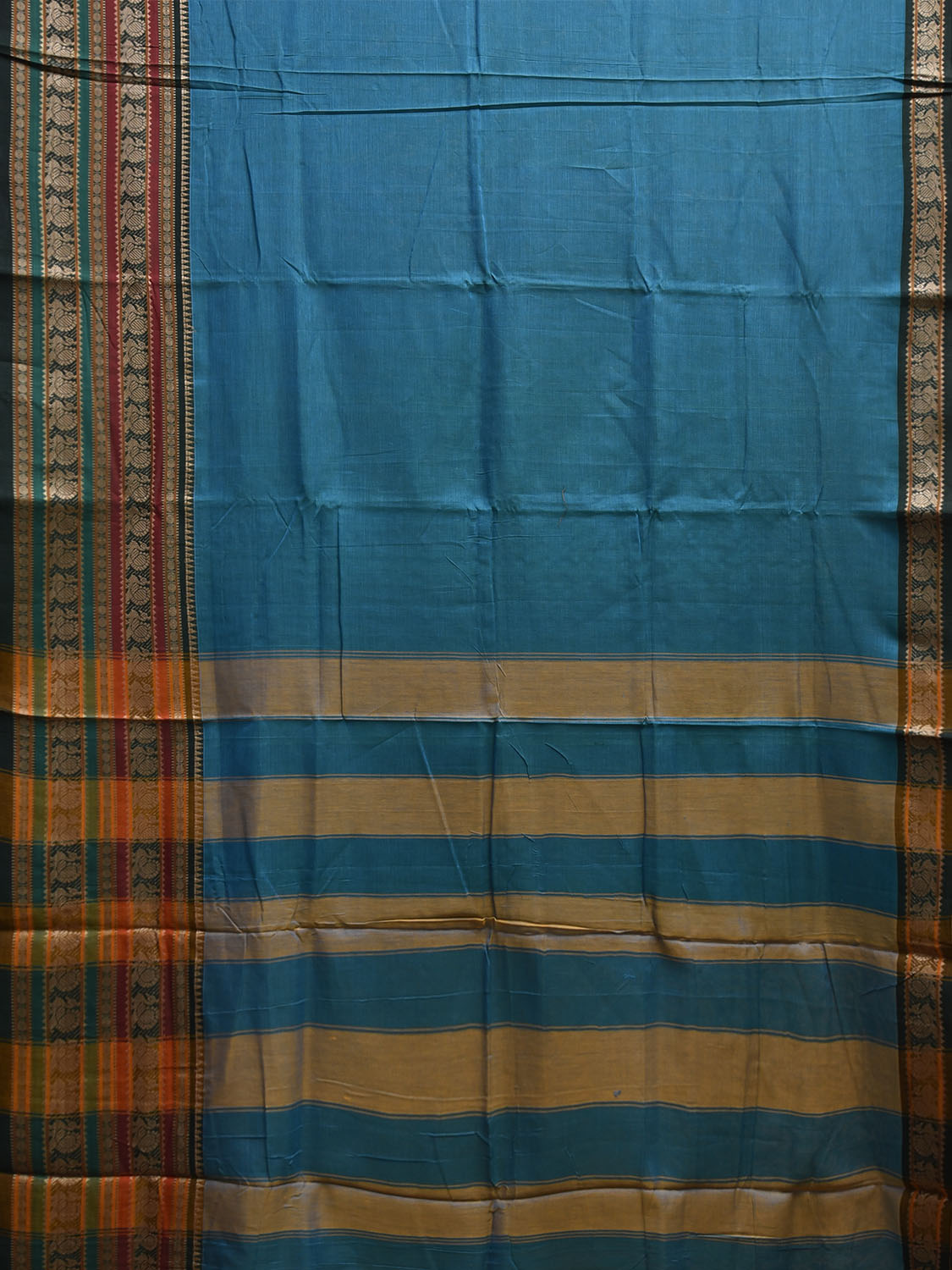 Blue Kanchipuram Cotton Plain Saree with Strips Pallu and Big Border Design No Blouse k0885