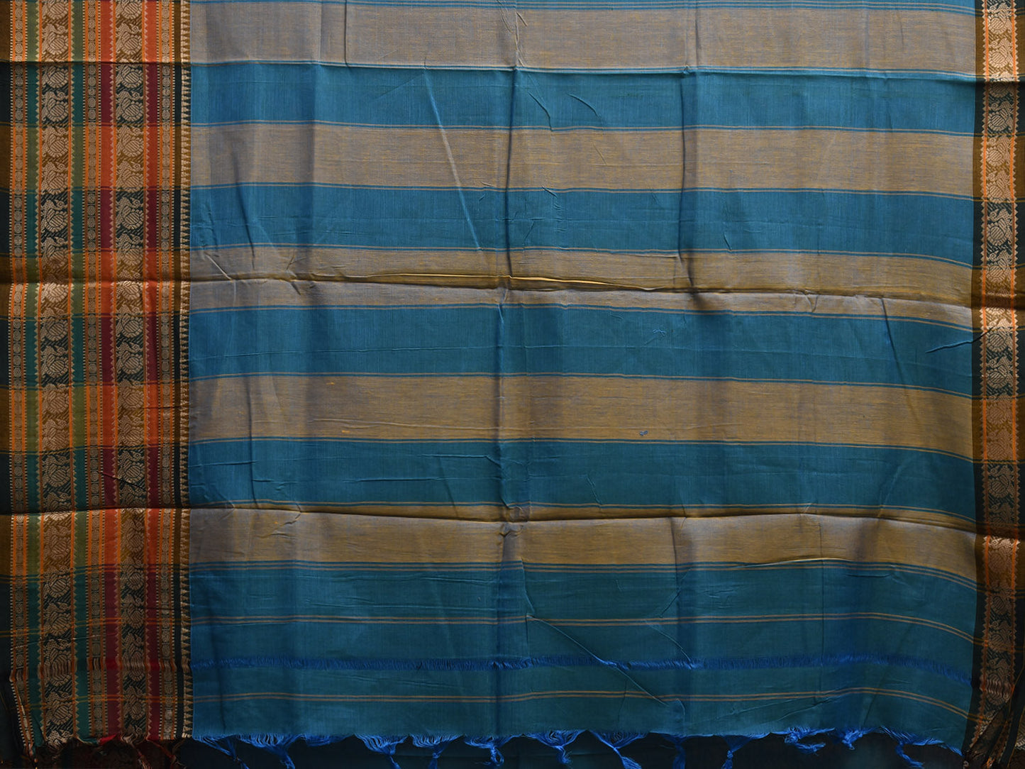 Blue Kanchipuram Cotton Plain Saree with Strips Pallu and Big Border Design No Blouse k0885