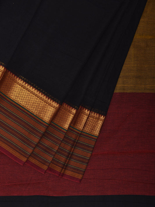 Black Kanchipuram Cotton Palin Saree with Strips Pallu and Border Design No Blouse k0886