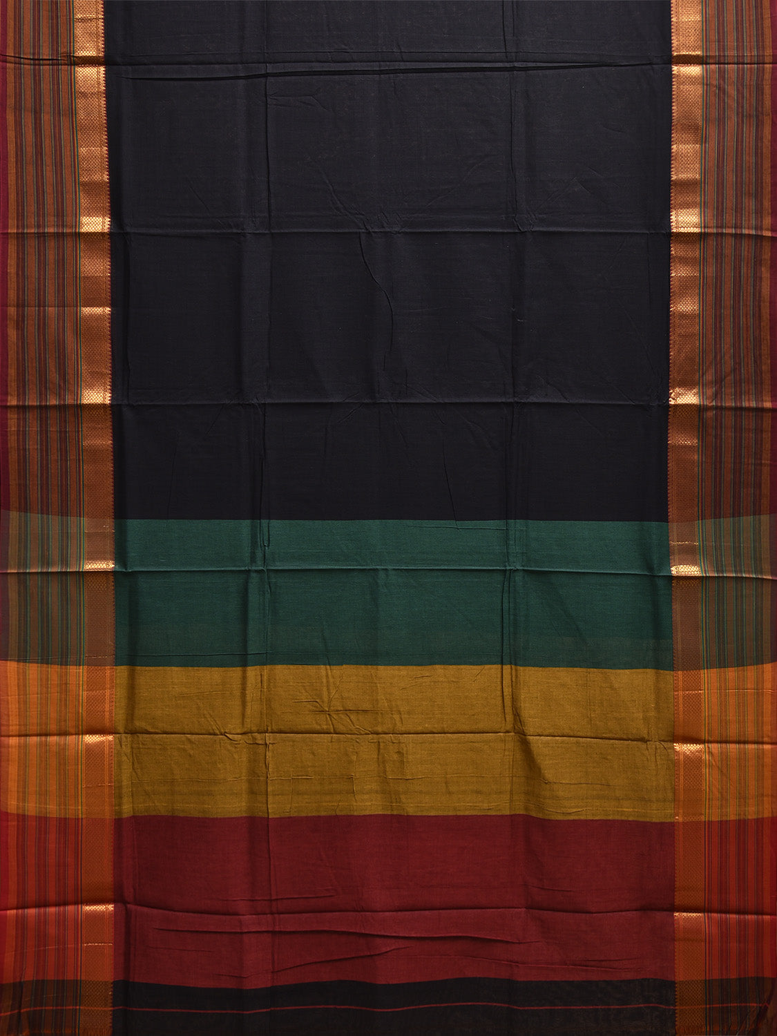 Black Kanchipuram Cotton Palin Saree with Strips Pallu and Border Design No Blouse k0886