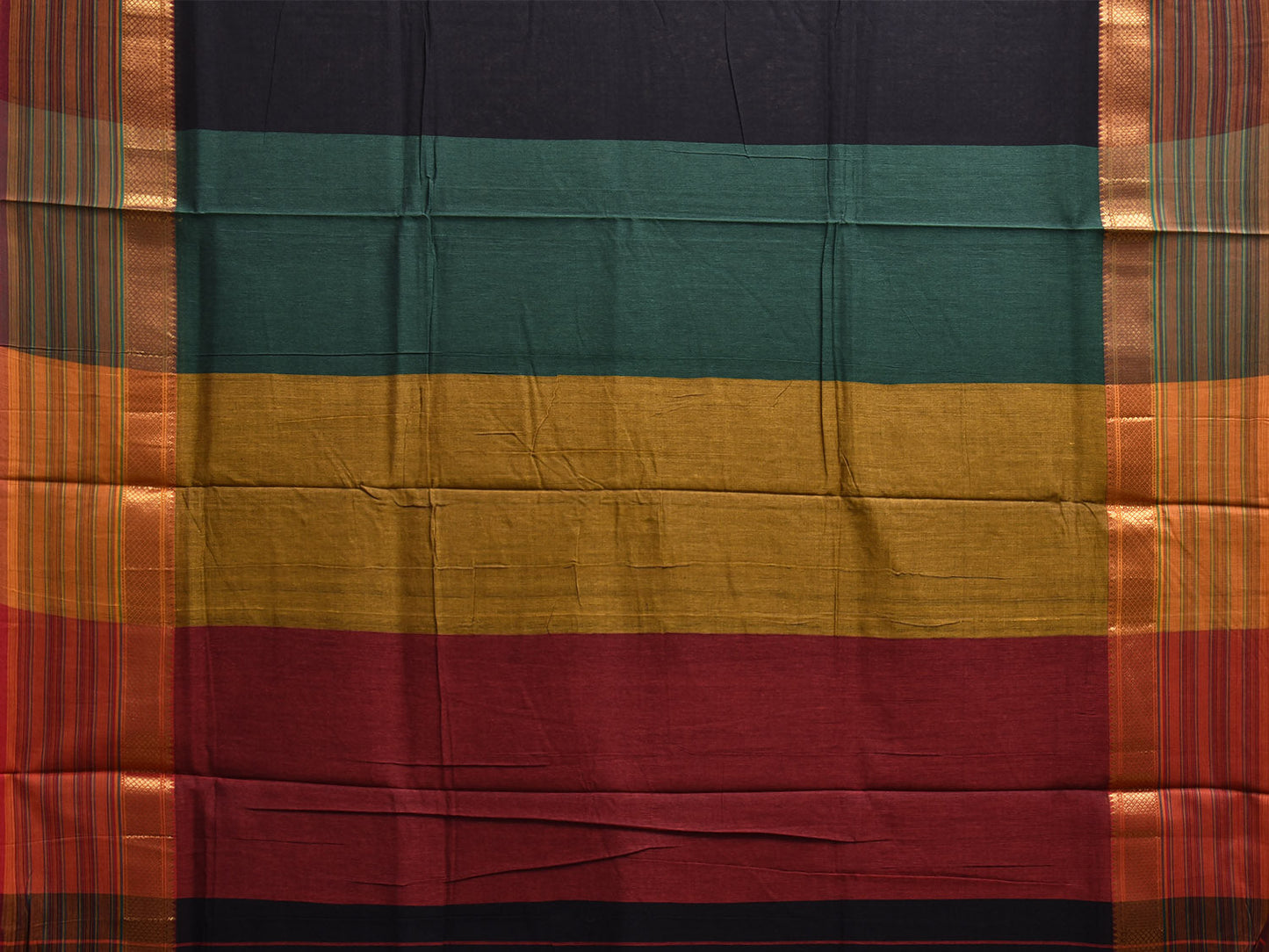 Black Kanchipuram Cotton Palin Saree with Strips Pallu and Border Design No Blouse k0886