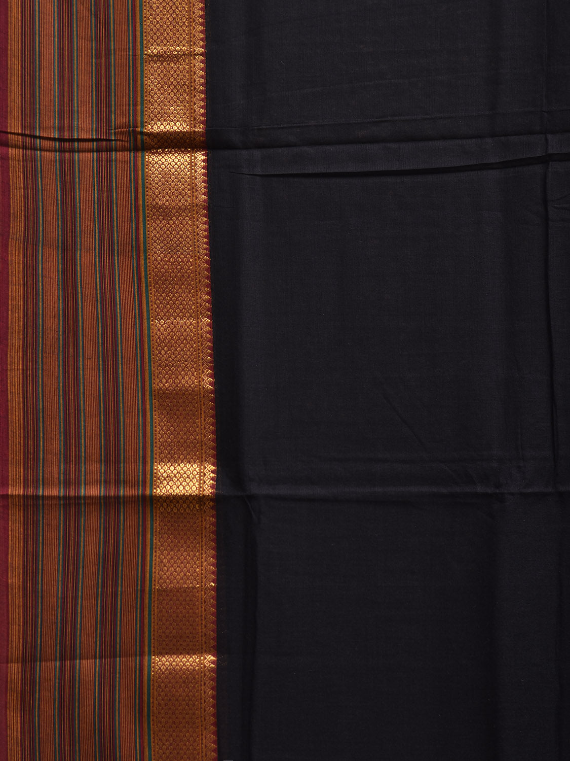Black Kanchipuram Cotton Palin Saree with Strips Pallu and Border Design No Blouse k0886