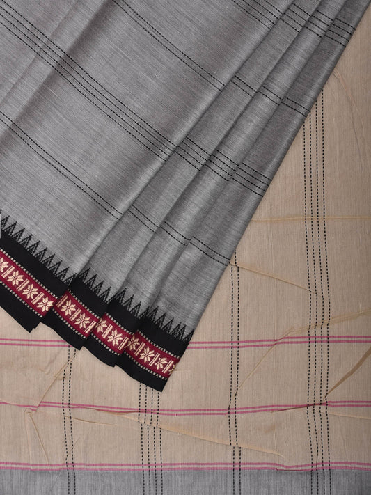 Light Grey Kanchipuram Cotton Saree with Strips and Small Border Design No Blouse k0887