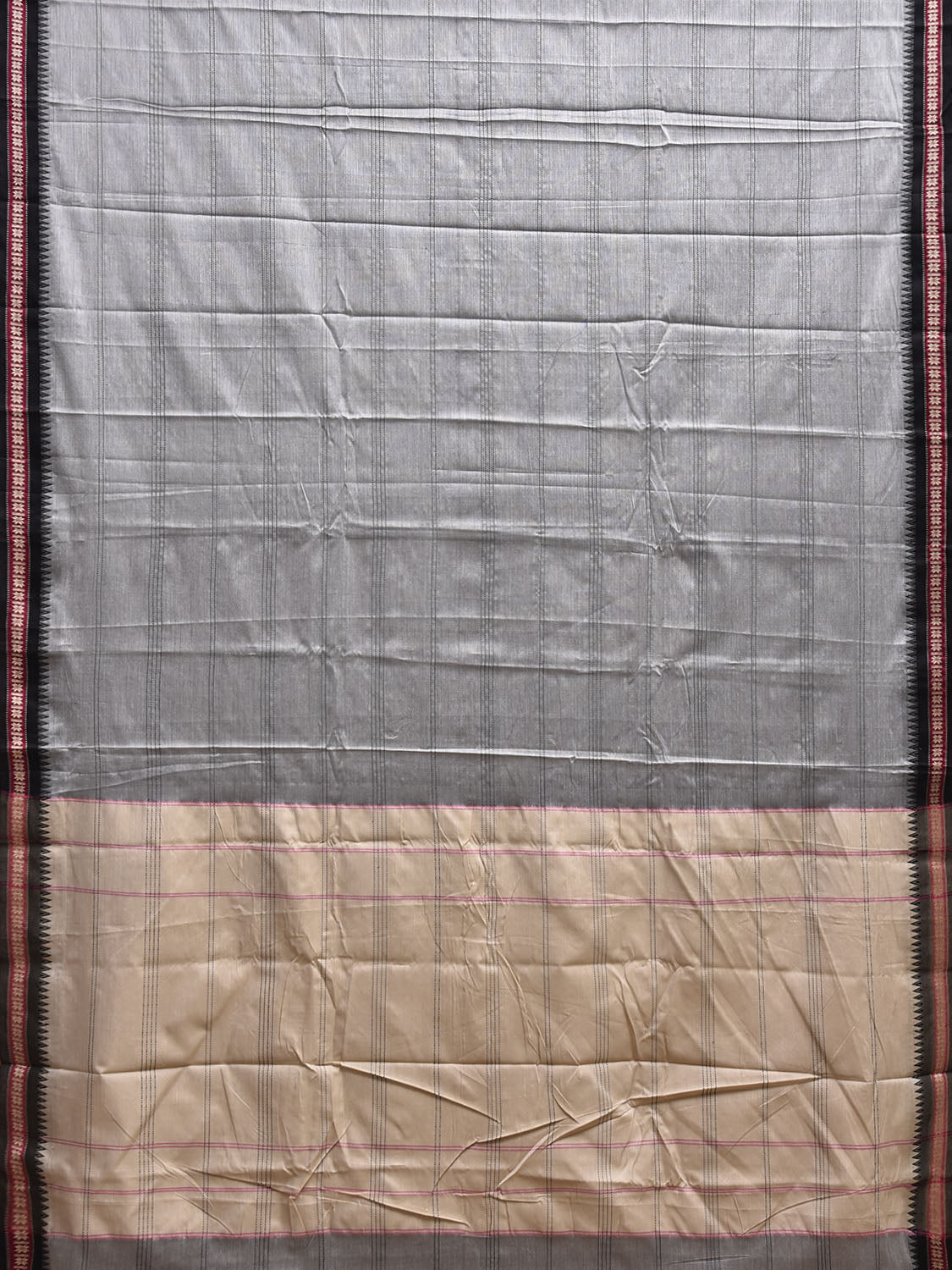 Light Grey Kanchipuram Cotton Saree with Strips and Small Border Design No Blouse k0887