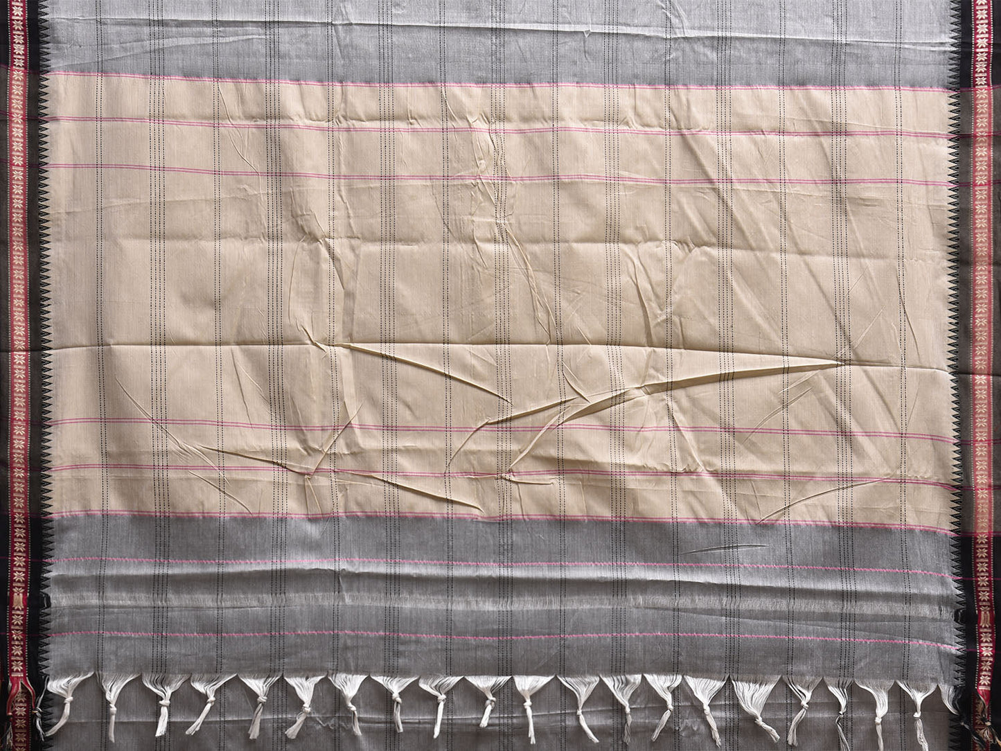 Light Grey Kanchipuram Cotton Saree with Strips and Small Border Design No Blouse k0887