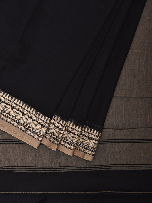 Black Kanchipuram Cotton Plain Saree with Strips and Small Border Design No Blouse k0889