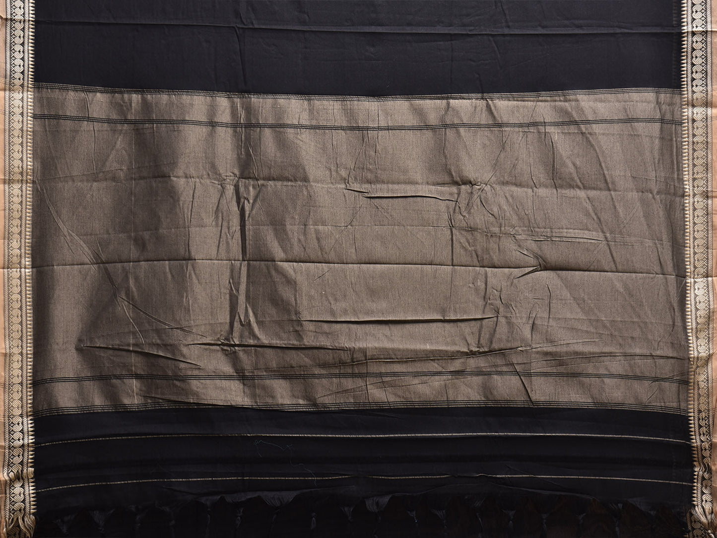 Black Kanchipuram Cotton Plain Saree with Strips and Small Border Design No Blouse k0889
