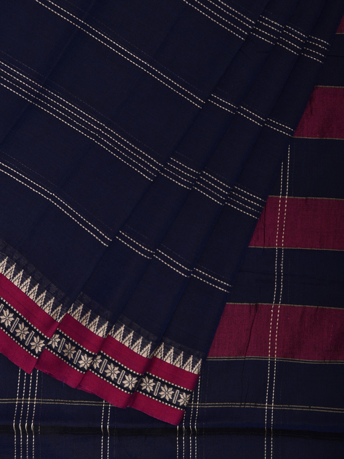 Navy and Pink Kanchipuram Cotton Saree with Strips and Small Border Design No Blouse k0890