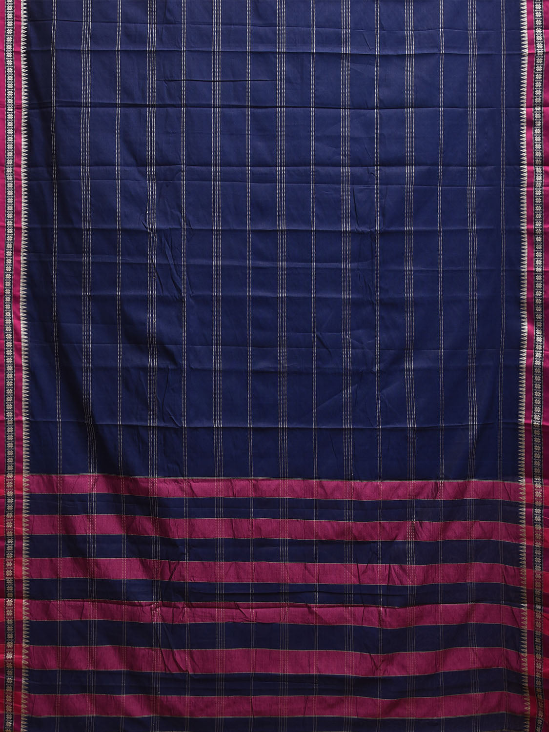 Navy and Pink Kanchipuram Cotton Saree with Strips and Small Border Design No Blouse k0890