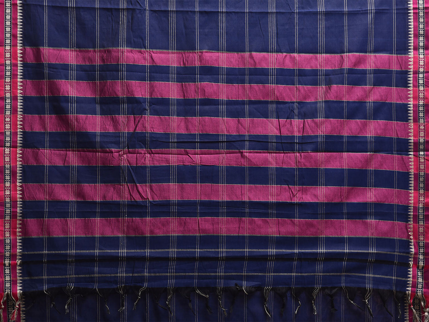 Navy and Pink Kanchipuram Cotton Saree with Strips and Small Border Design No Blouse k0890