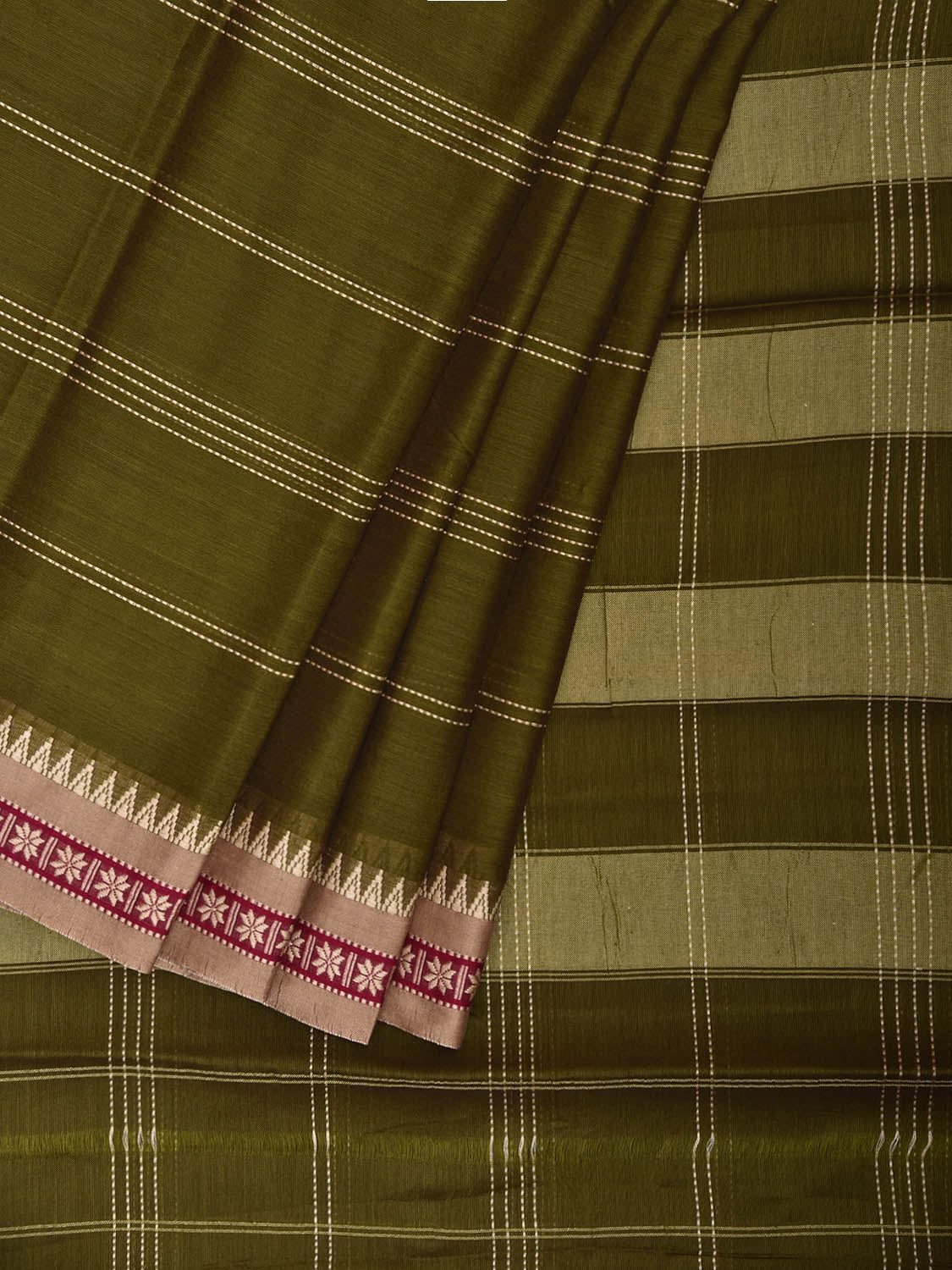 Olive Kanchipuram Cotton Saree with Strips and Small Border Design No Blouse k0891