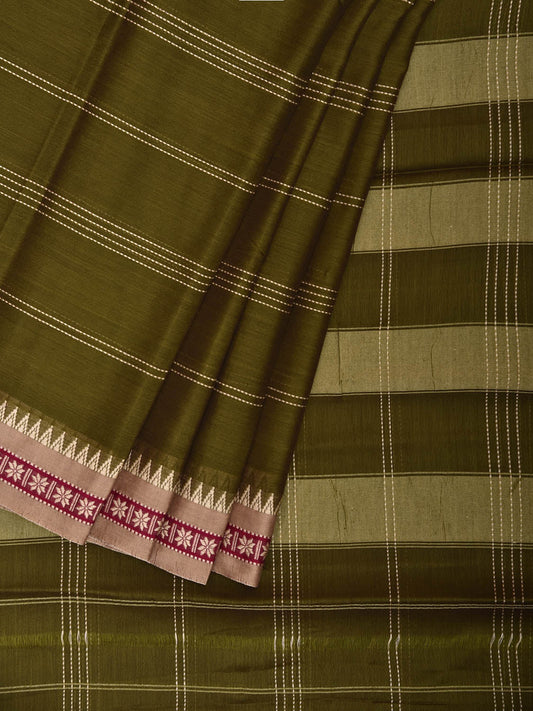 Olive Kanchipuram Cotton Saree with Strips and Small Border Design No Blouse k0891