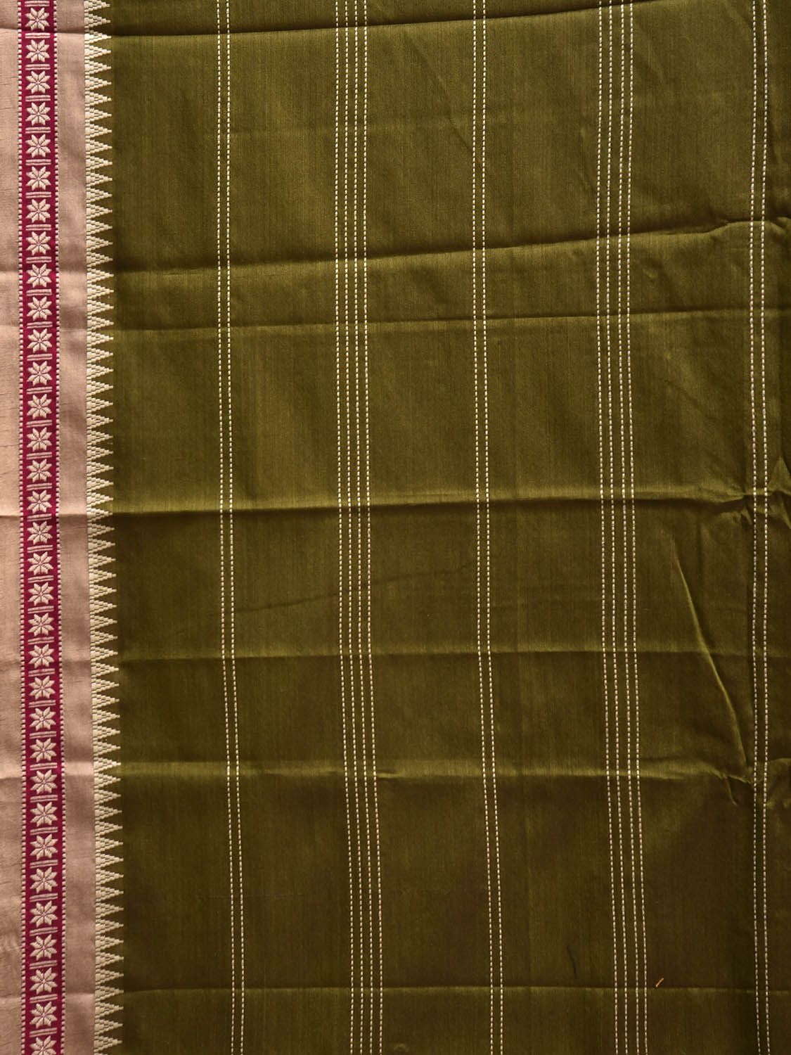 Olive Kanchipuram Cotton Saree with Strips and Small Border Design No Blouse k0891