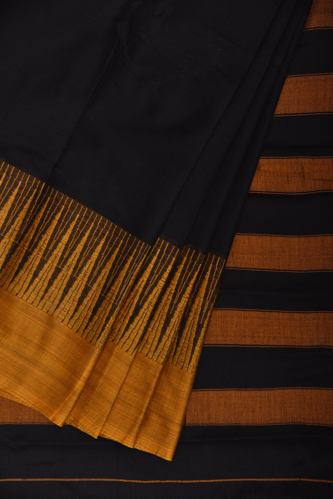 Black and Yellow Kanchipuram Cotton Plain Saree with Strips Pallu and Big Temple Border Design No Blouse k0894