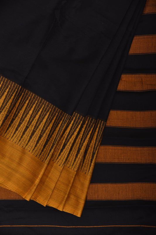 Black and Yellow Kanchipuram Cotton Plain Saree with Strips Pallu and Big Temple Border Design No Blouse k0894