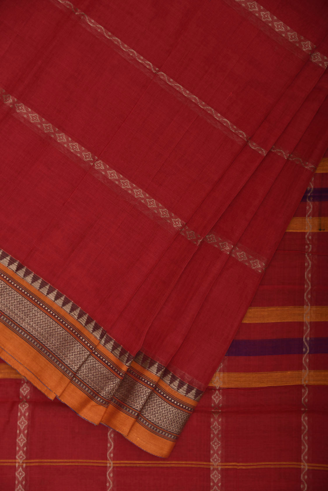 Red and Yellow Kanchipuram Cotton Saree with Strips and Small Border Design No Blouse k0895