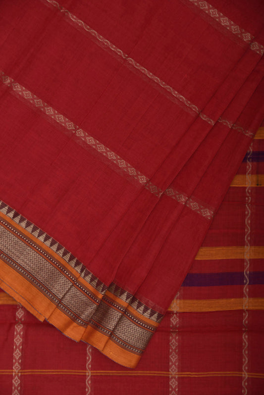 Red and Yellow Kanchipuram Cotton Saree with Strips and Small Border Design No Blouse k0895