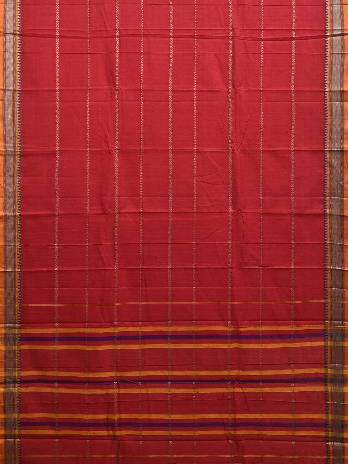 Red and Yellow Kanchipuram Cotton Saree with Strips and Small Border Design No Blouse k0895