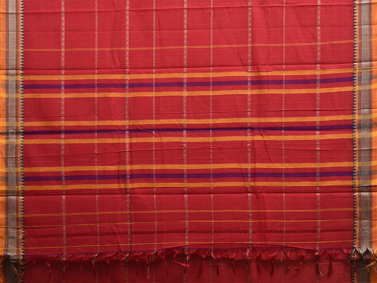 Red and Yellow Kanchipuram Cotton Saree with Strips and Small Border Design No Blouse k0895