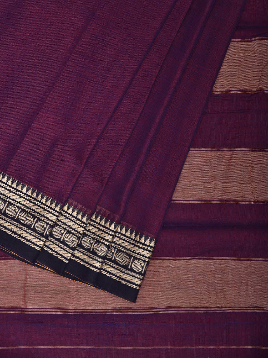 Purple and Cream Kanchipuram Cotton Plain Saree with Strips Pallu and Small Border Design No Blouse k0896