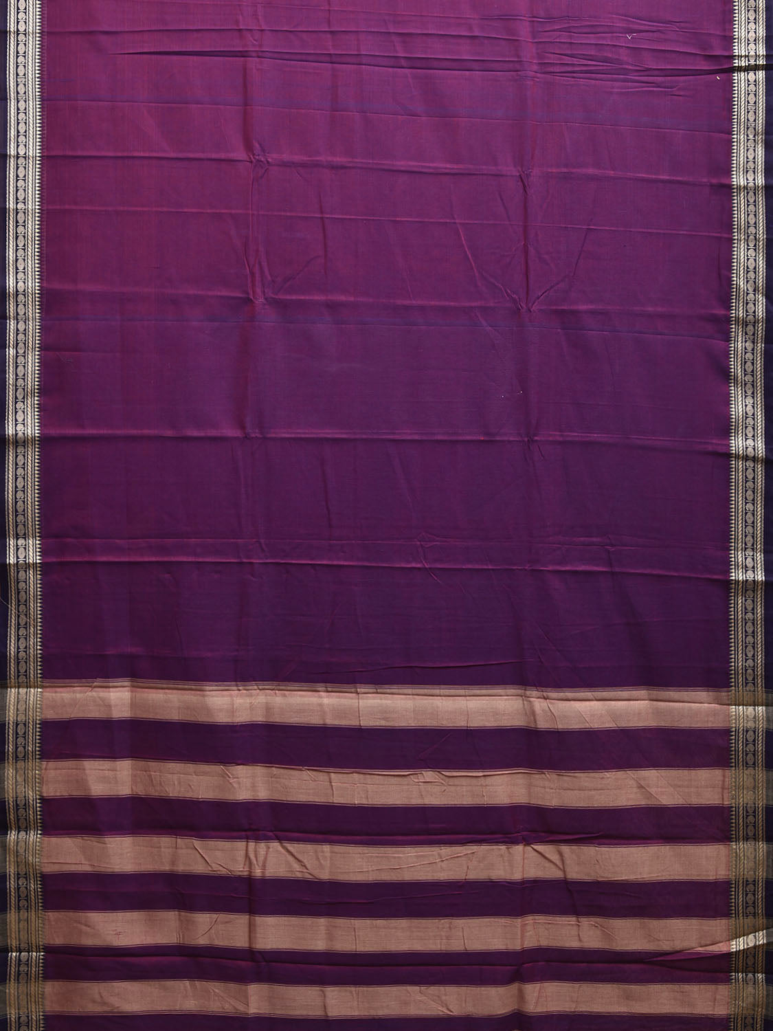 Purple and Cream Kanchipuram Cotton Plain Saree with Strips Pallu and Small Border Design No Blouse k0896