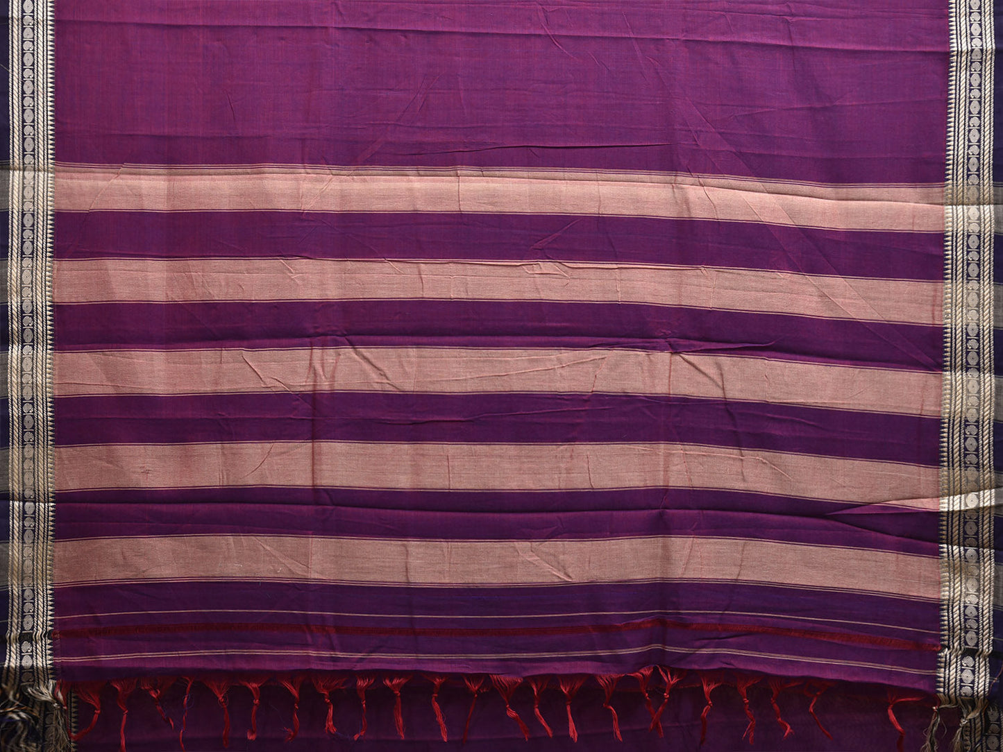 Purple and Cream Kanchipuram Cotton Plain Saree with Strips Pallu and Small Border Design No Blouse k0896