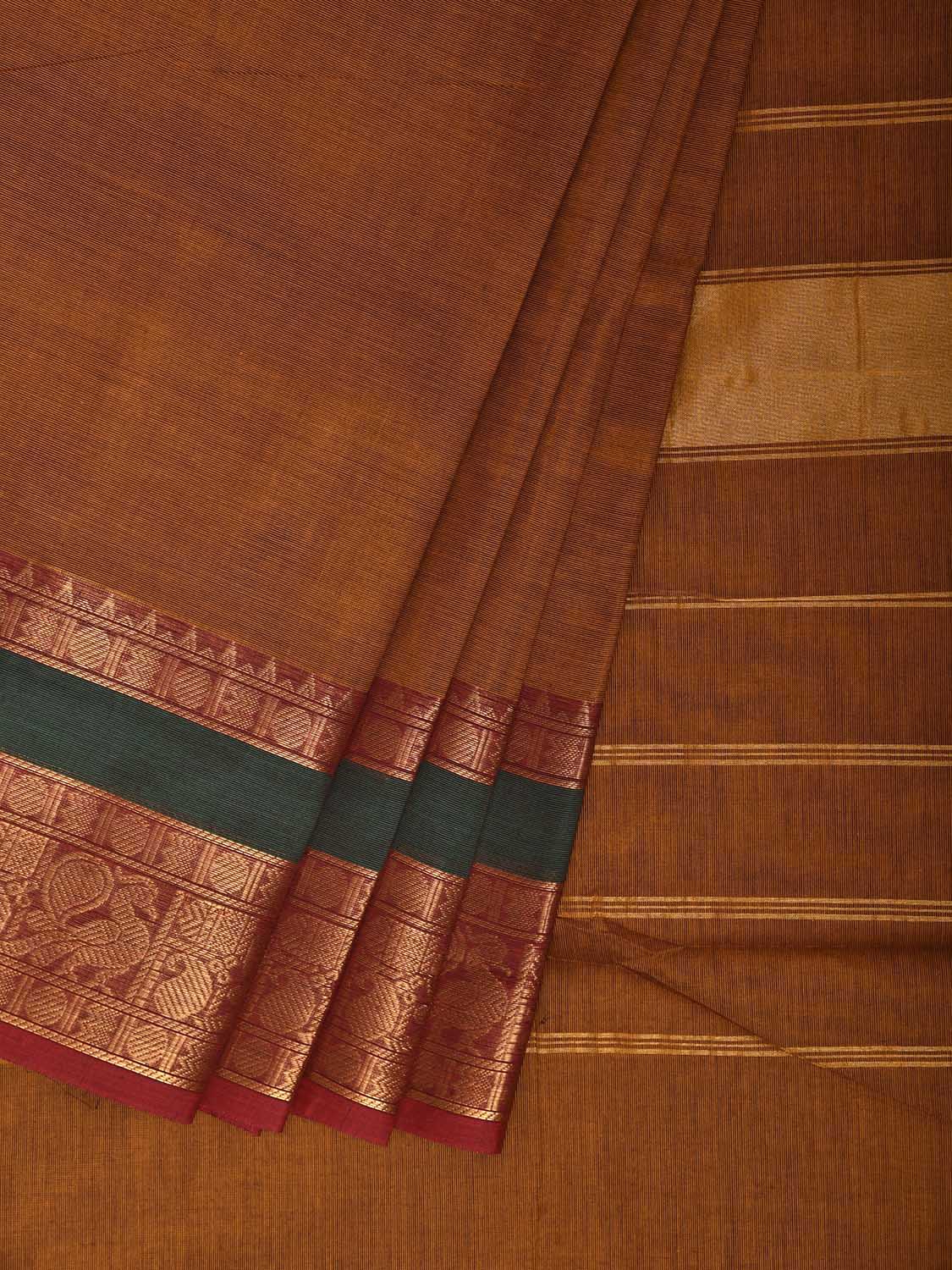 Mustard Kanchipuram Cotton Plain Saree with Ganga-Jamuna Border Design k0897