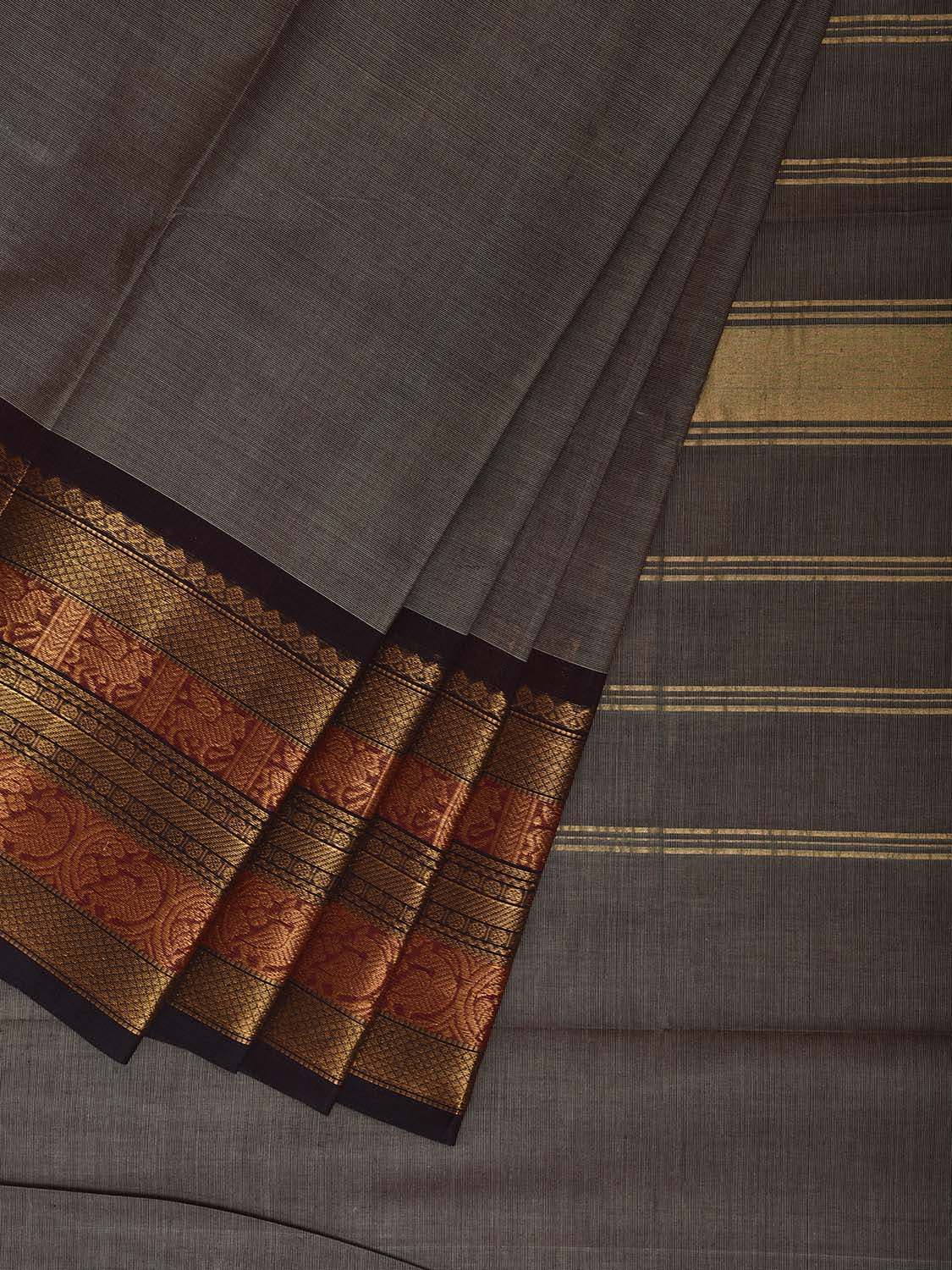 Grey and Black Kanchipuram Cotton Plain Saree with One Side Big Border Design k0898
