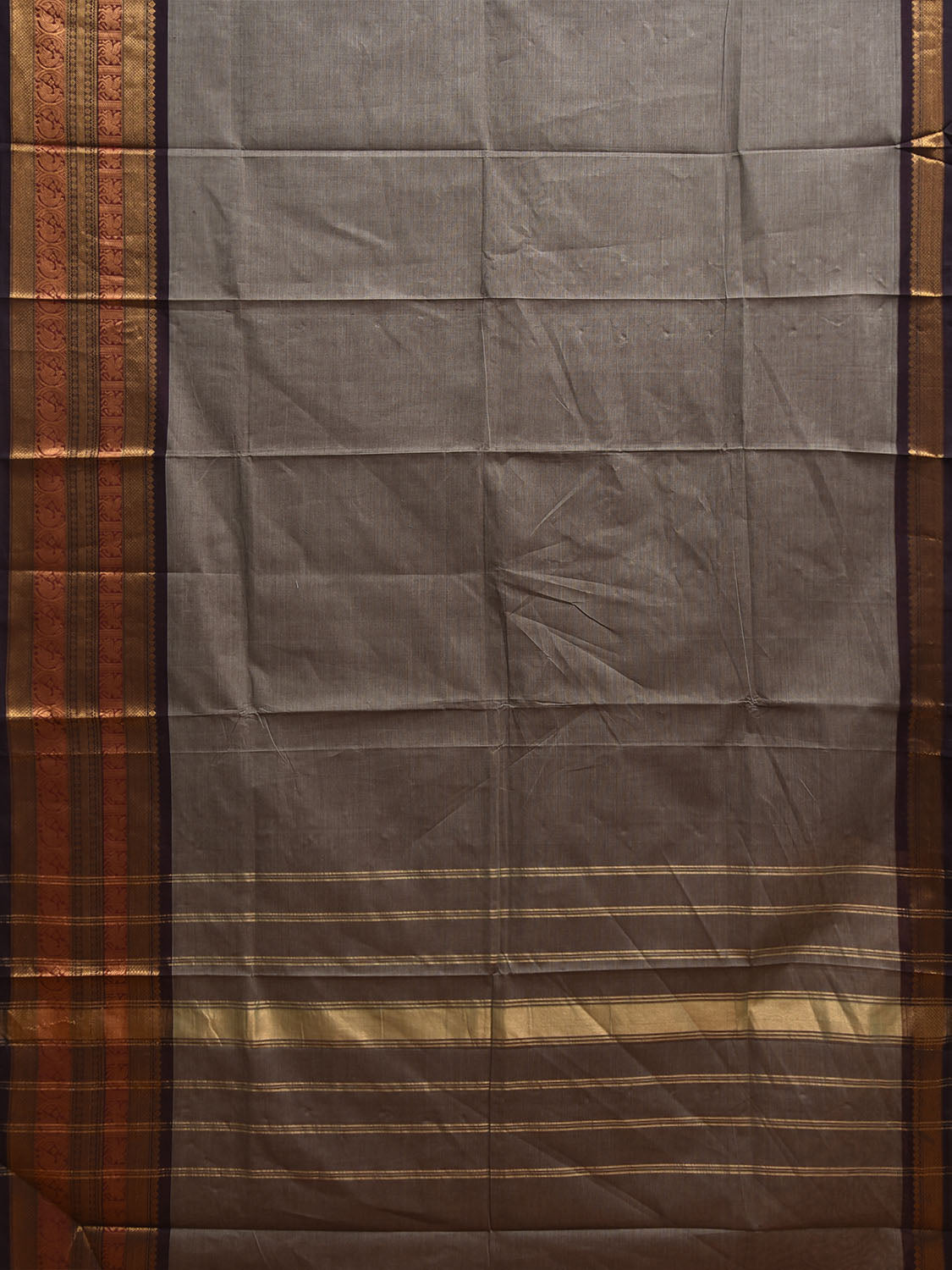 Grey and Black Kanchipuram Cotton Plain Saree with One Side Big Border Design k0898
