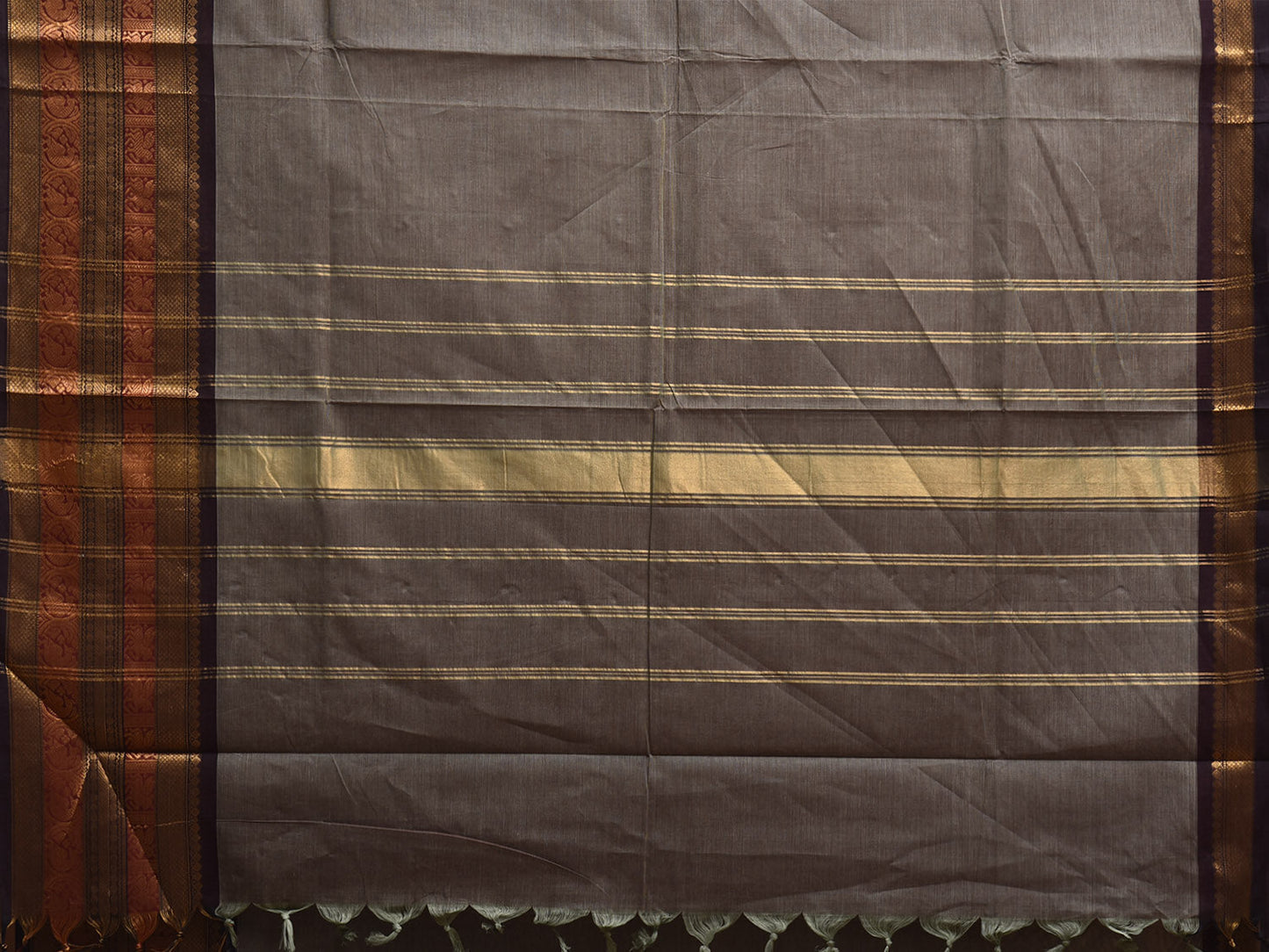 Grey and Black Kanchipuram Cotton Plain Saree with One Side Big Border Design k0898