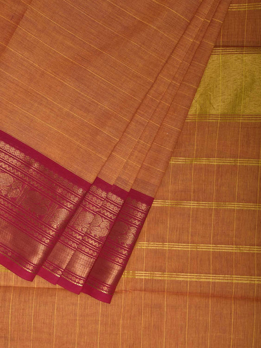 Orange Kanchipuram Cotton Saree with Strips and Ganga-Jamuna Border Design k0899
