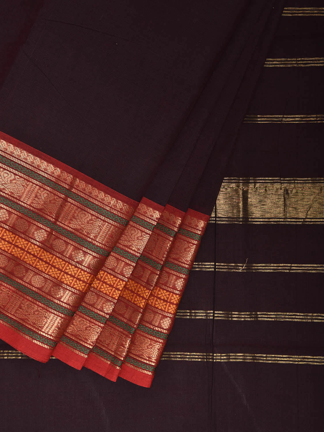 Dark Brown and Red Kanchipuram Cotton Plain Saree with One Side Big Border Design k0900