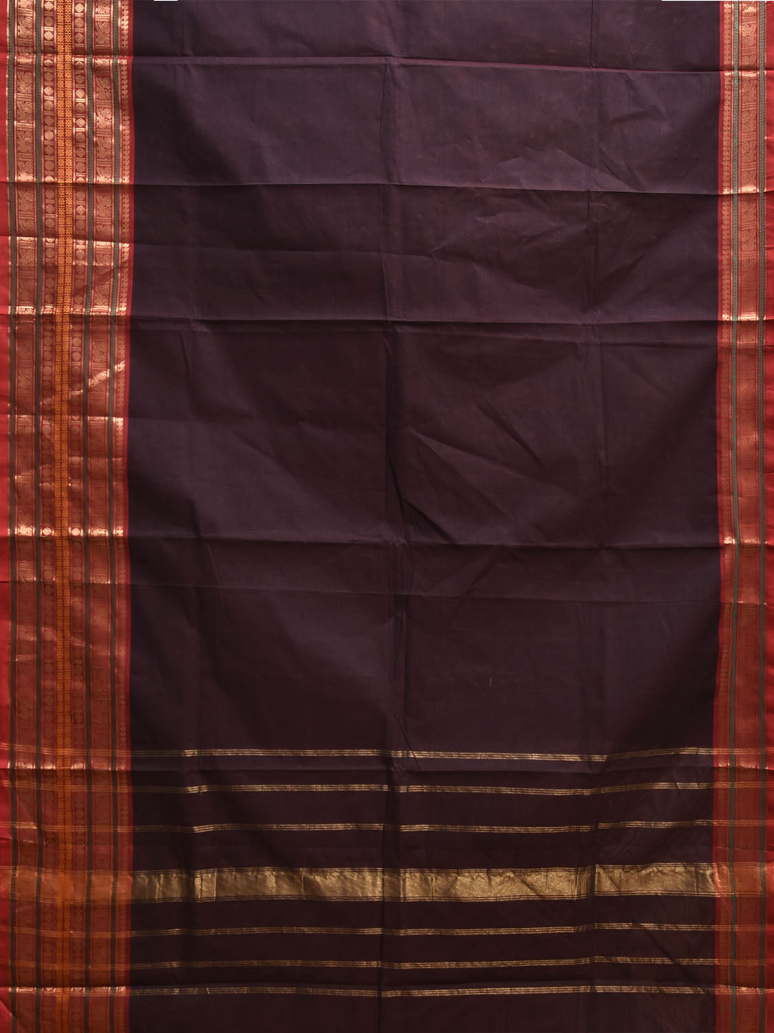Dark Brown and Red Kanchipuram Cotton Plain Saree with One Side Big Border Design k0900