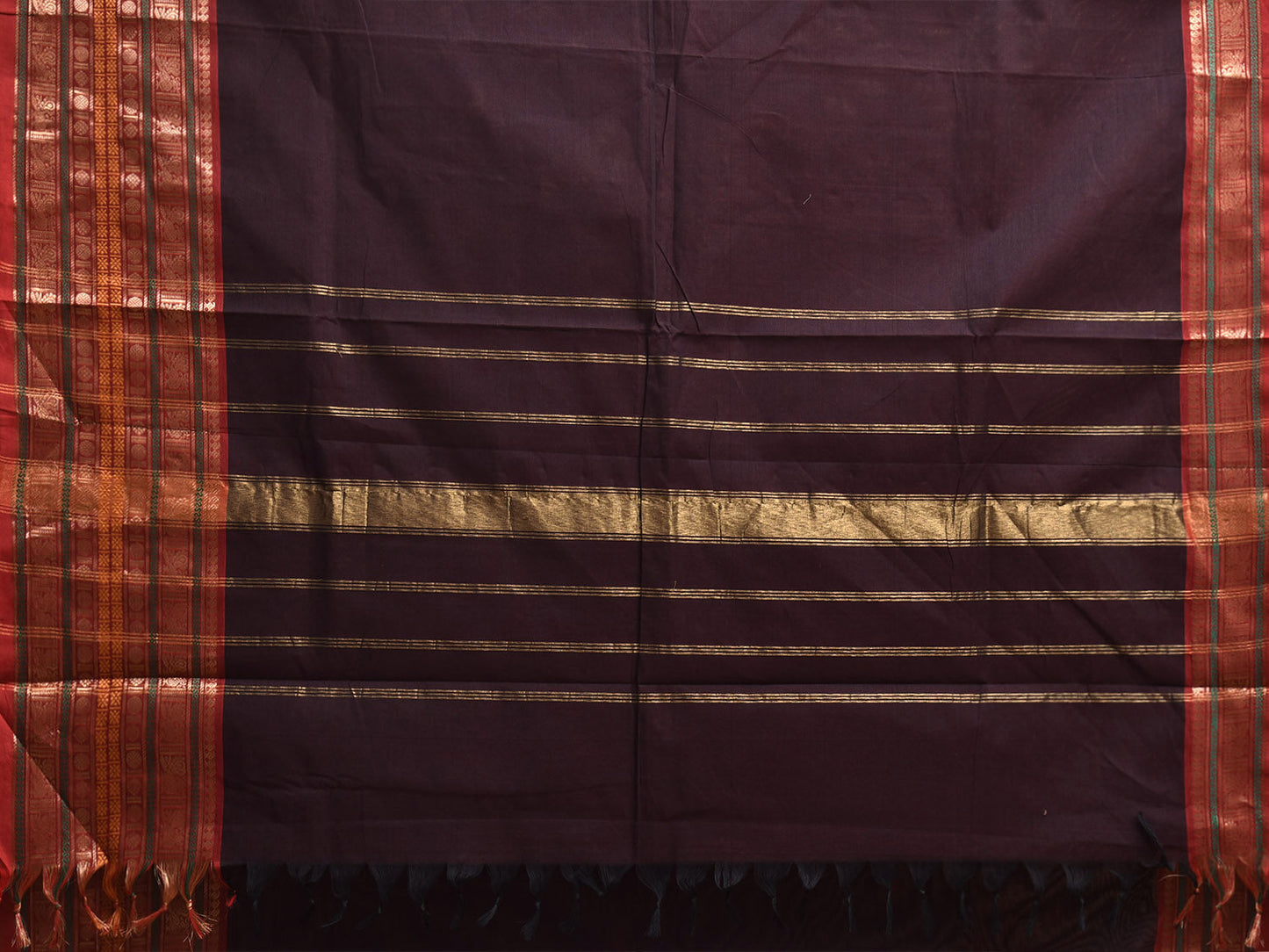 Dark Brown and Red Kanchipuram Cotton Plain Saree with One Side Big Border Design k0900