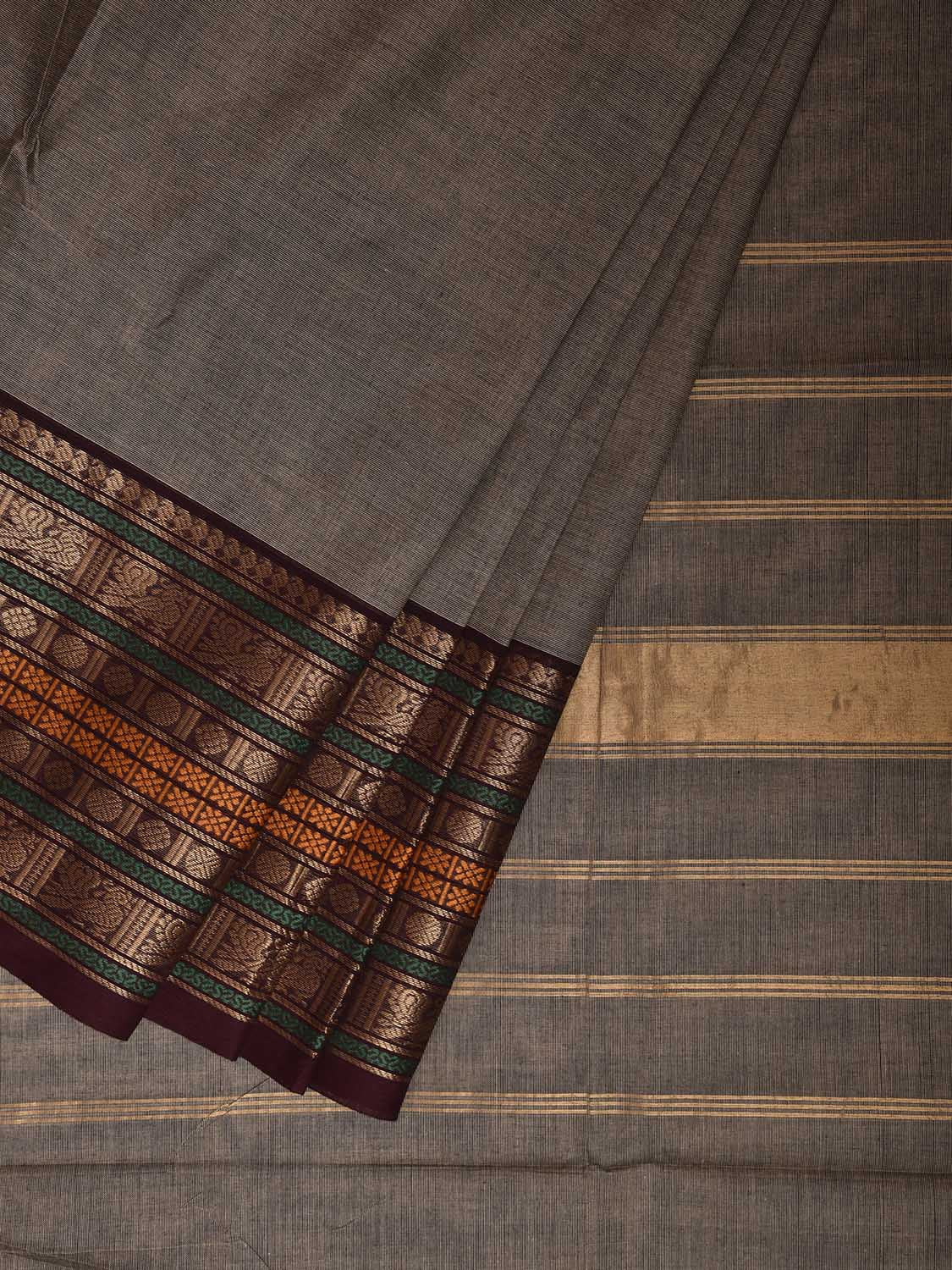 Light Grey and Brown Kanchipuram Cotton Plain Saree with One Side Big Border Design k0901