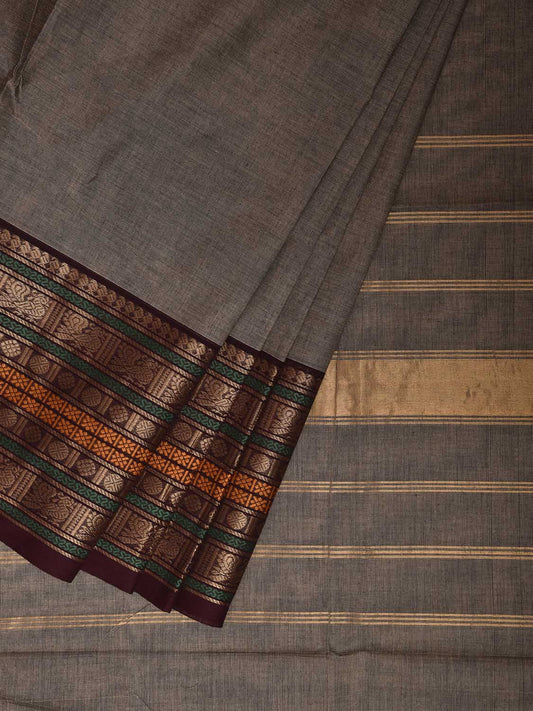 Light Grey and Brown Kanchipuram Cotton Plain Saree with One Side Big Border Design k0901
