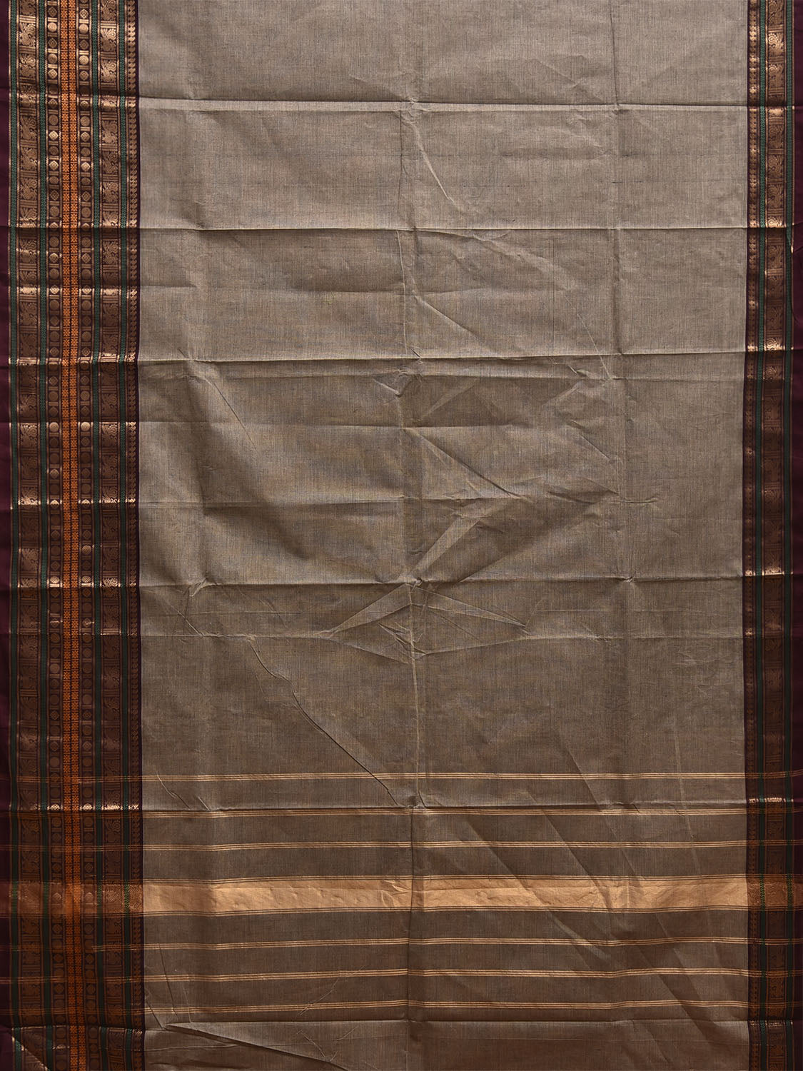 Light Grey and Brown Kanchipuram Cotton Plain Saree with One Side Big Border Design k0901