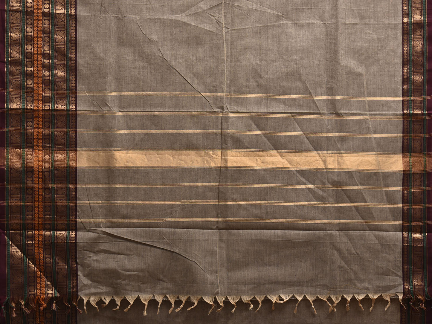 Light Grey and Brown Kanchipuram Cotton Plain Saree with One Side Big Border Design k0901