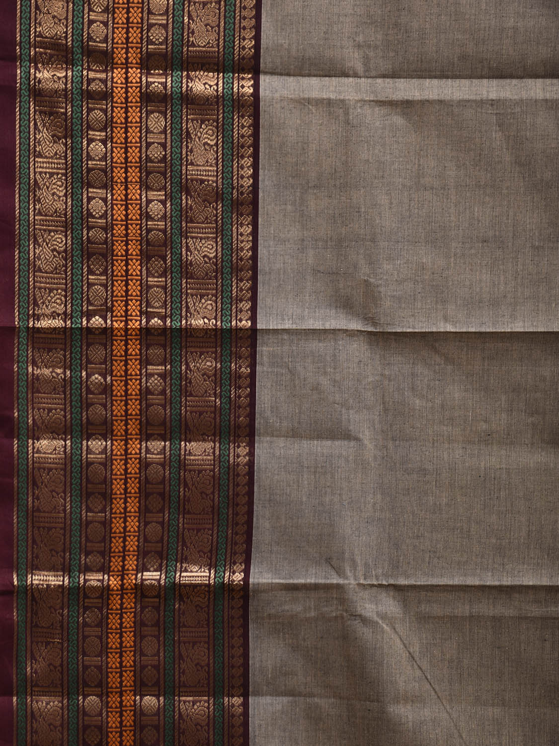 Light Grey and Brown Kanchipuram Cotton Plain Saree with One Side Big Border Design k0901