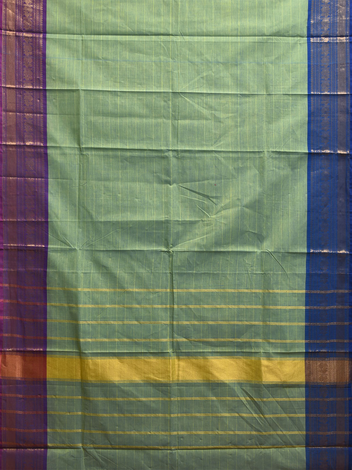 Turquoise Kanchipuram Cotton Saree with Ganga-Jamuna Border Design k0902