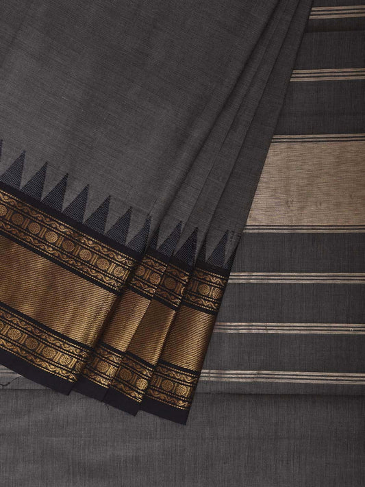 Grey and Black Kanchipuram Cotton Plain Saree with One Side Big Border Design k0903