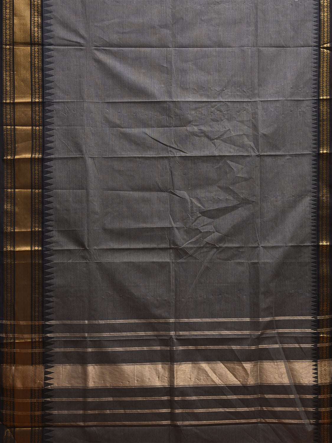 Grey and Black Kanchipuram Cotton Plain Saree with One Side Big Border Design k0903