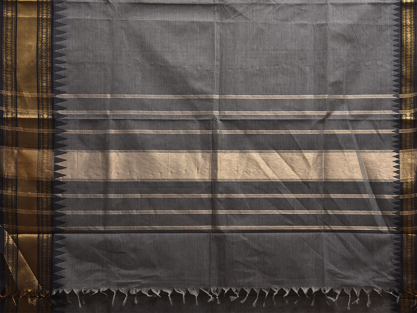 Grey and Black Kanchipuram Cotton Plain Saree with One Side Big Border Design k0903