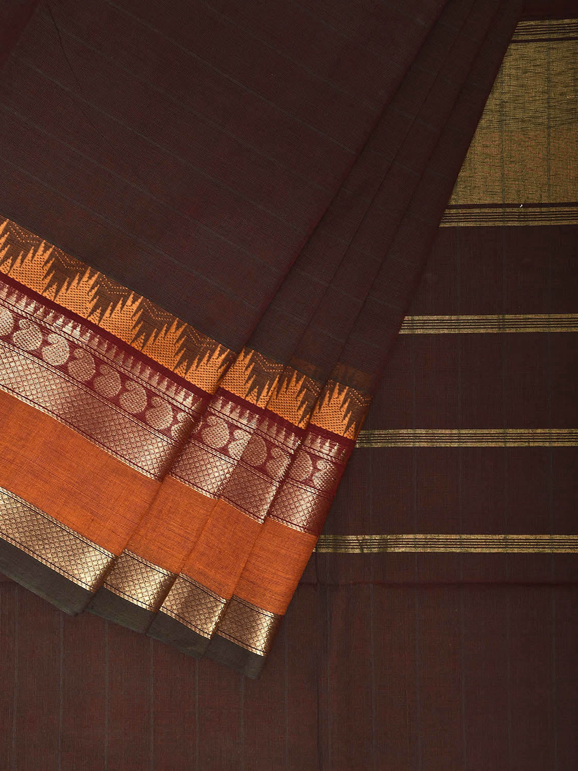 Brown and Orange Kanchipuram Cotton Plain Saree with Temple Border Design k0904