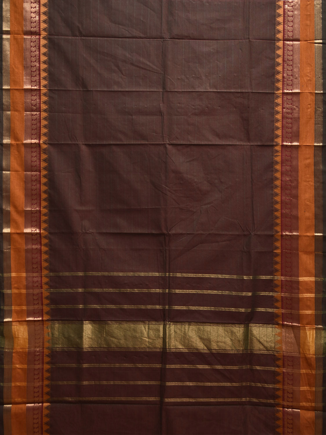 Brown and Orange Kanchipuram Cotton Plain Saree with Temple Border Design k0904
