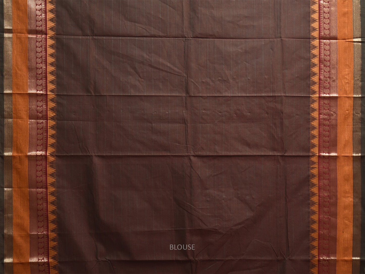 Brown and Orange Kanchipuram Cotton Plain Saree with Temple Border Design k0904