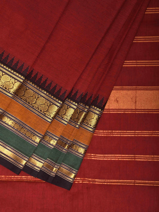 Red Kanchipuram Cotton Plain Saree with Temple Border and Strips Pallu Design k0905